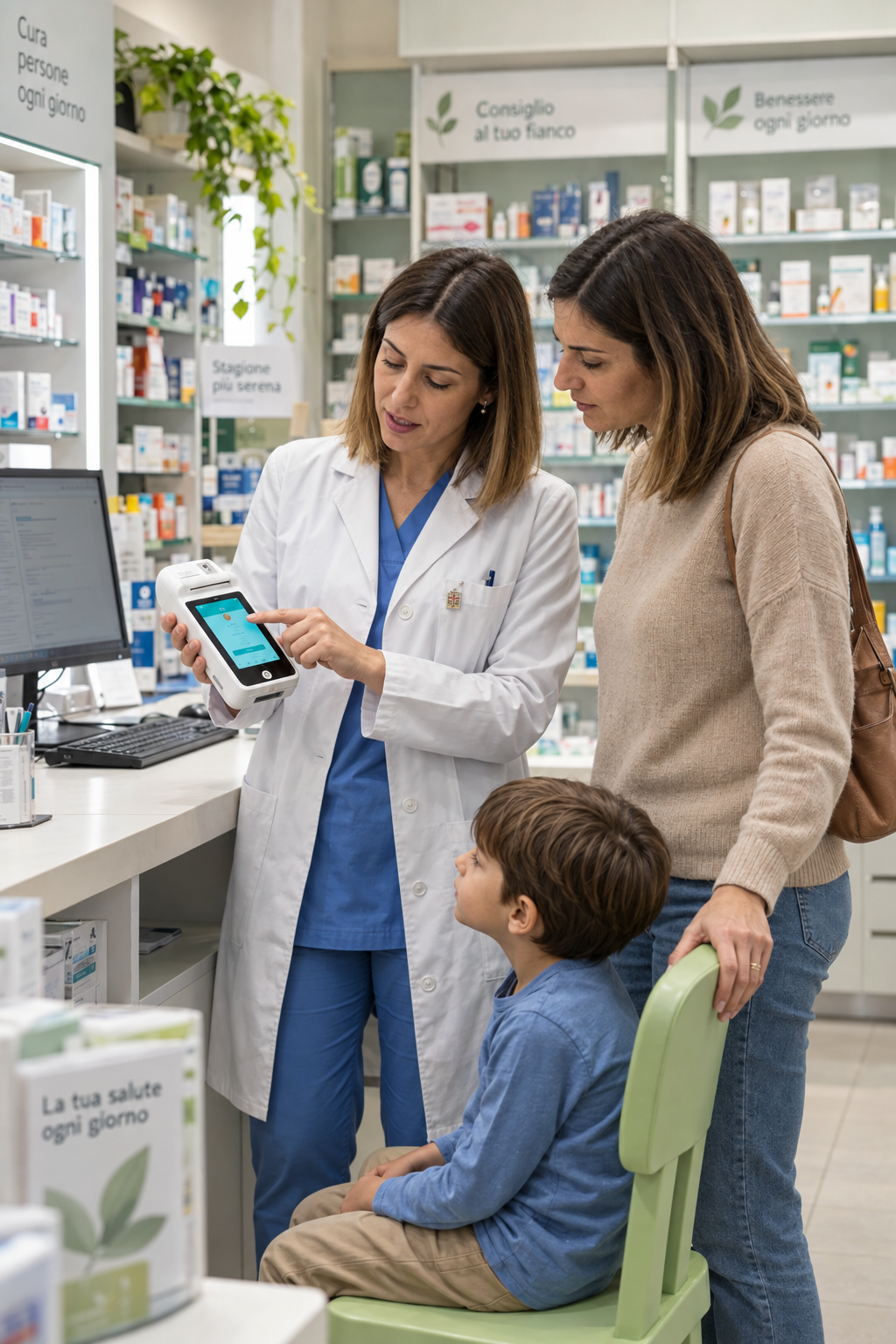 Analizzatore POCT illustrato da un professionista sanitario in farmacia